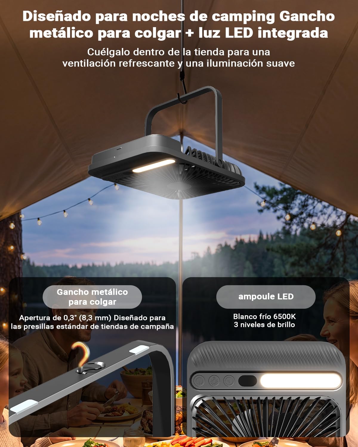 Ventilador Portátil de Viaje 7 Pulgadas con Luz, hasta 28H Autonomía,Ultra Delgado 1.4 Pulgadas,Temporizador 8H,42dB,4 Velocidades,Inclinación 180°,Ventilador de Escritorio Recargable con Pantalla LED