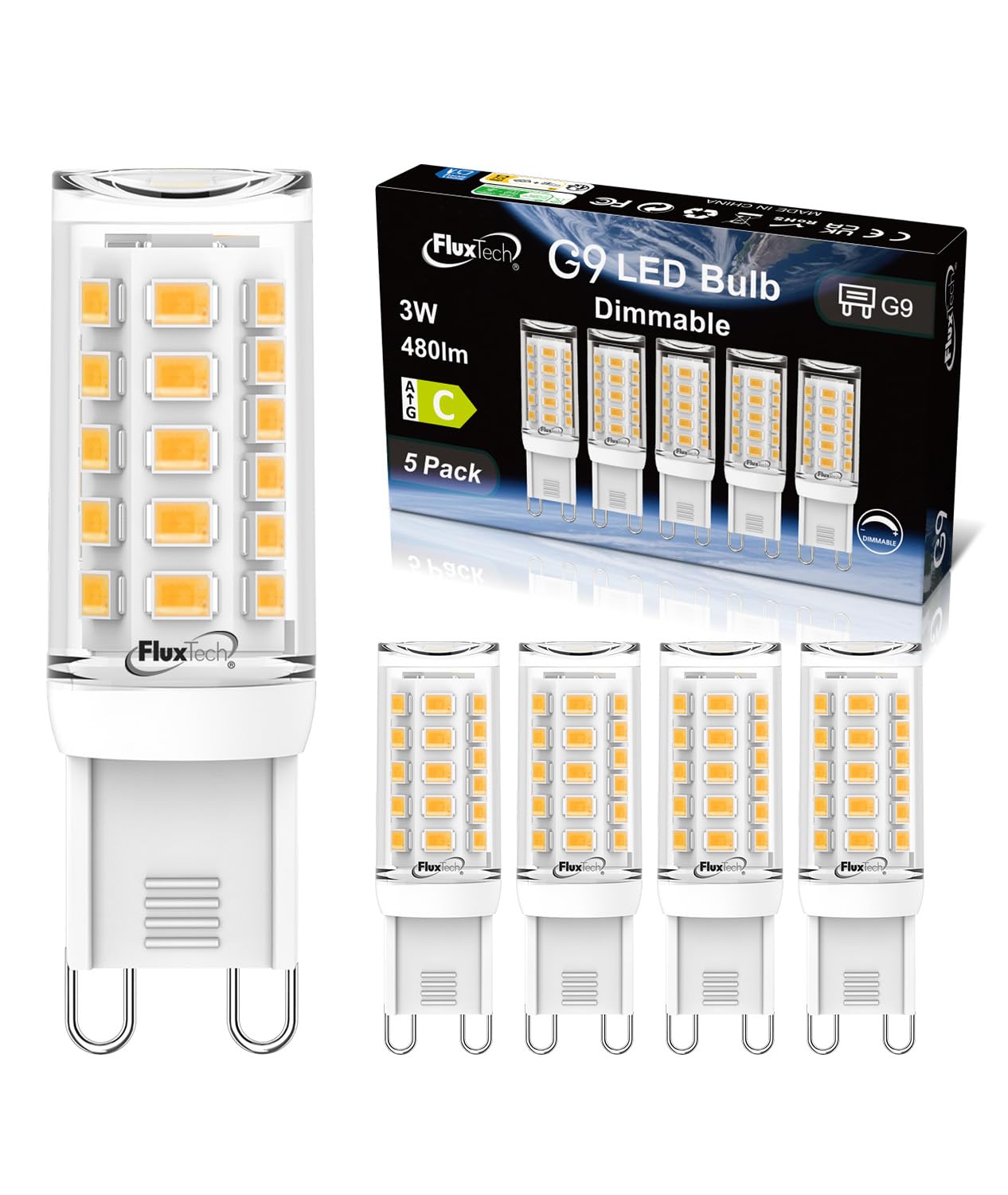 FluxTech G9 LED Light Bulbs Dimmable 3W, Warm White 2700K, Equivalent to 40W 50W Halogen Lamp, 480LM, CRI>85, No Flicker, AC 220-240V Energy Saving Bulb for Home Lighting Chandelier, 5 Pack