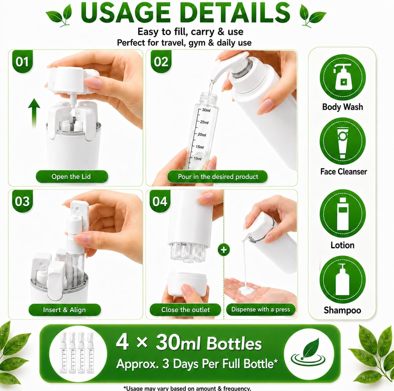 4 in 1 Travel Dispenser Bottle, Travel Shampoo and Conditioner Bottles, Refillable Travel Bottles for Toiletries, TSA Compliant Toiletry Containers with Pump for Lotion Cream Vacation (White) image 5