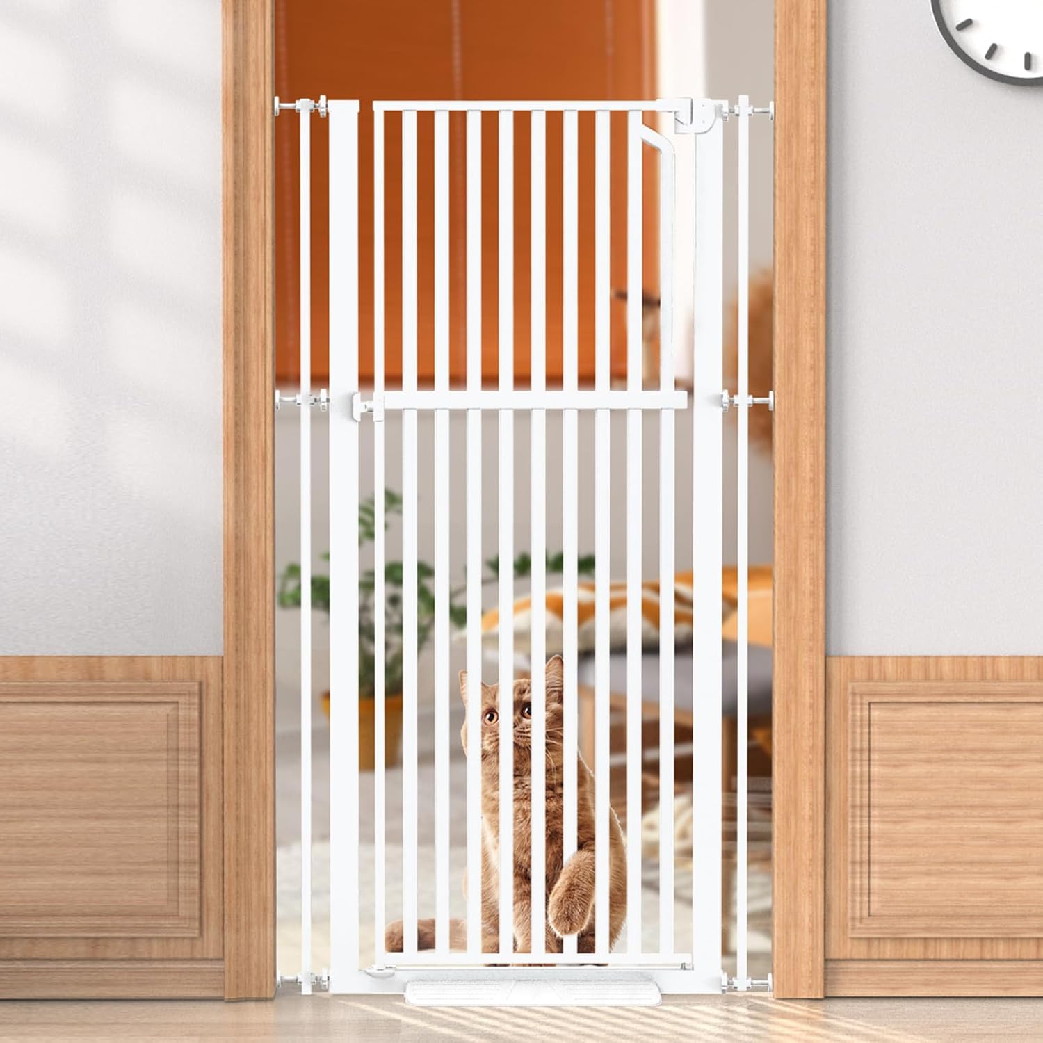 Senneny 63” Extra Tall Cat Gate Auto Close & One-Hand Open, No Drilling Pressure Mounted Kits and Wall Mounted Kits, Metal Pet Gate Fits Openings 29.5” to 33.4” Wide, White White 75-85cm/ 29.5 - 33.4” Wide