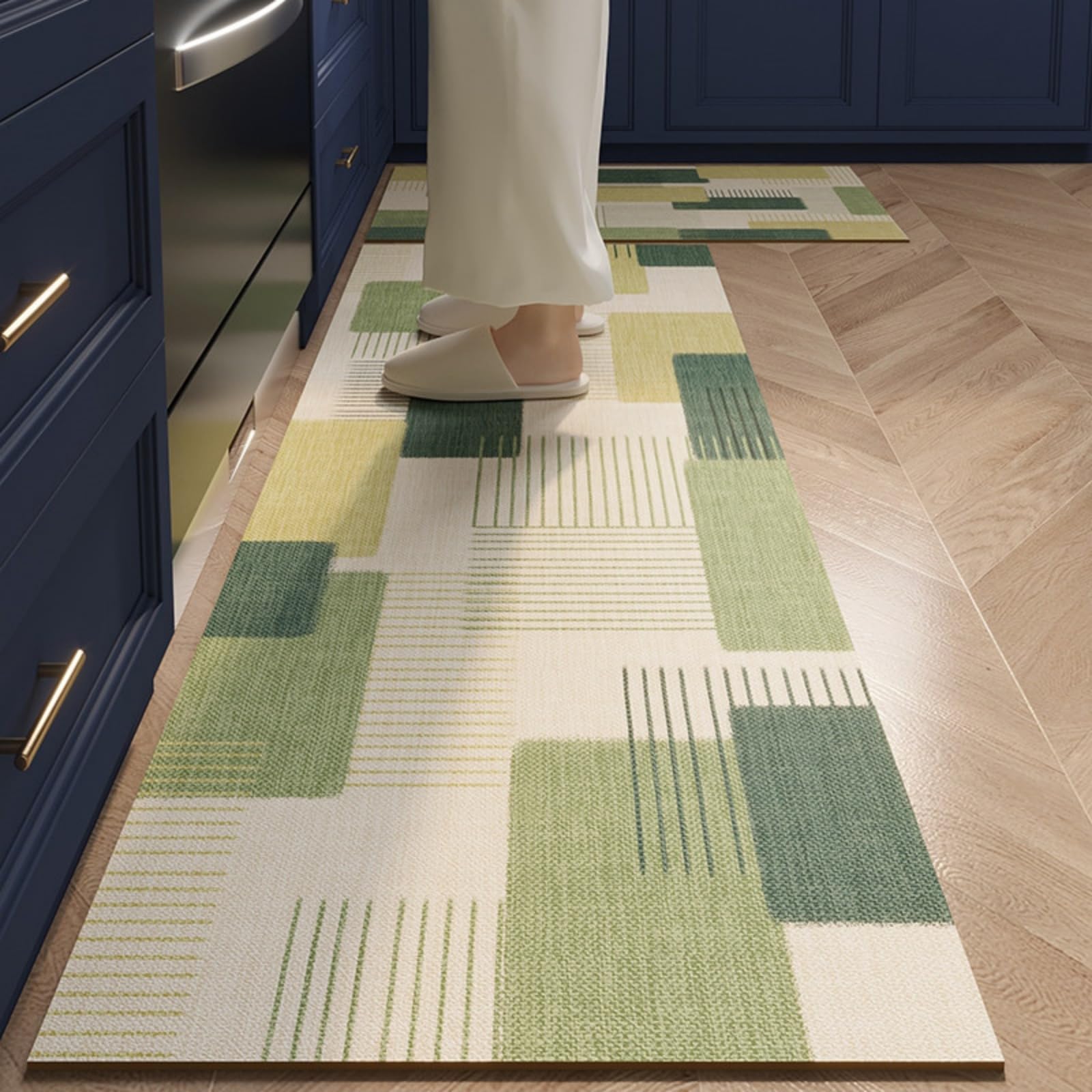 Tappeto Cucina 50X80Cm+50X60Cm Verde Beige Moderni Tappetini Da Cucina 2 Pezzi,Antiscivolo Impermeabile Tappeti Da Cucine,Lavabile, Adatto Per Corridoi, Cucine, Bagni