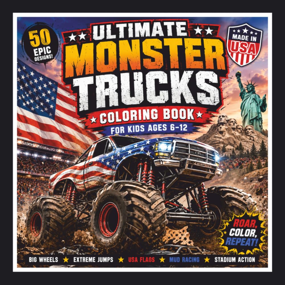 Ultimate Monster Trucks Coloring Book for Kids Ages 6-12 50 Epic American Monster Trucks to Color: Big Wheels • Extreme Jumps • USA Flags • Mud Racing • Stadium Action