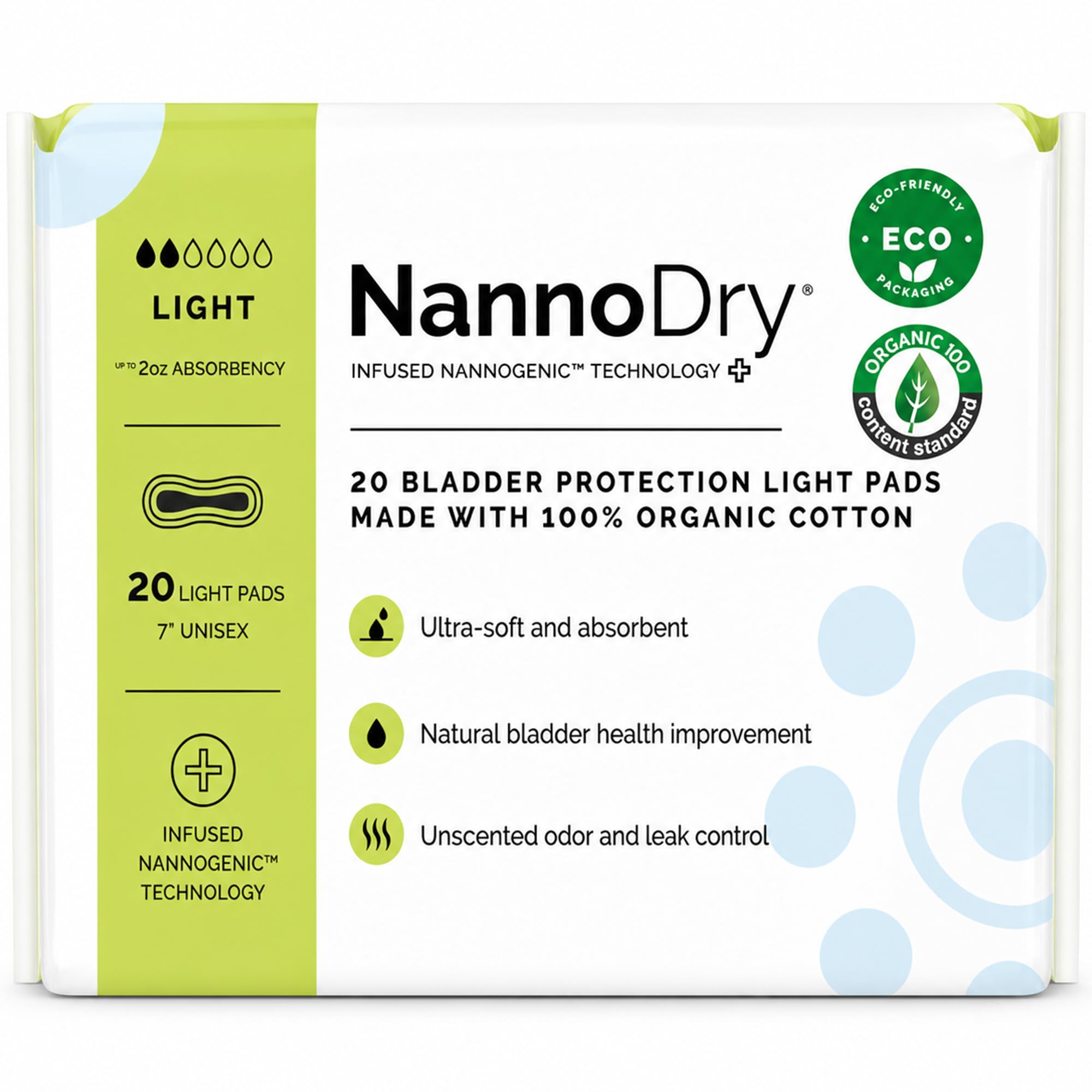 Organic Incontinence Pads for Women, Light, 7 in, 20 Count