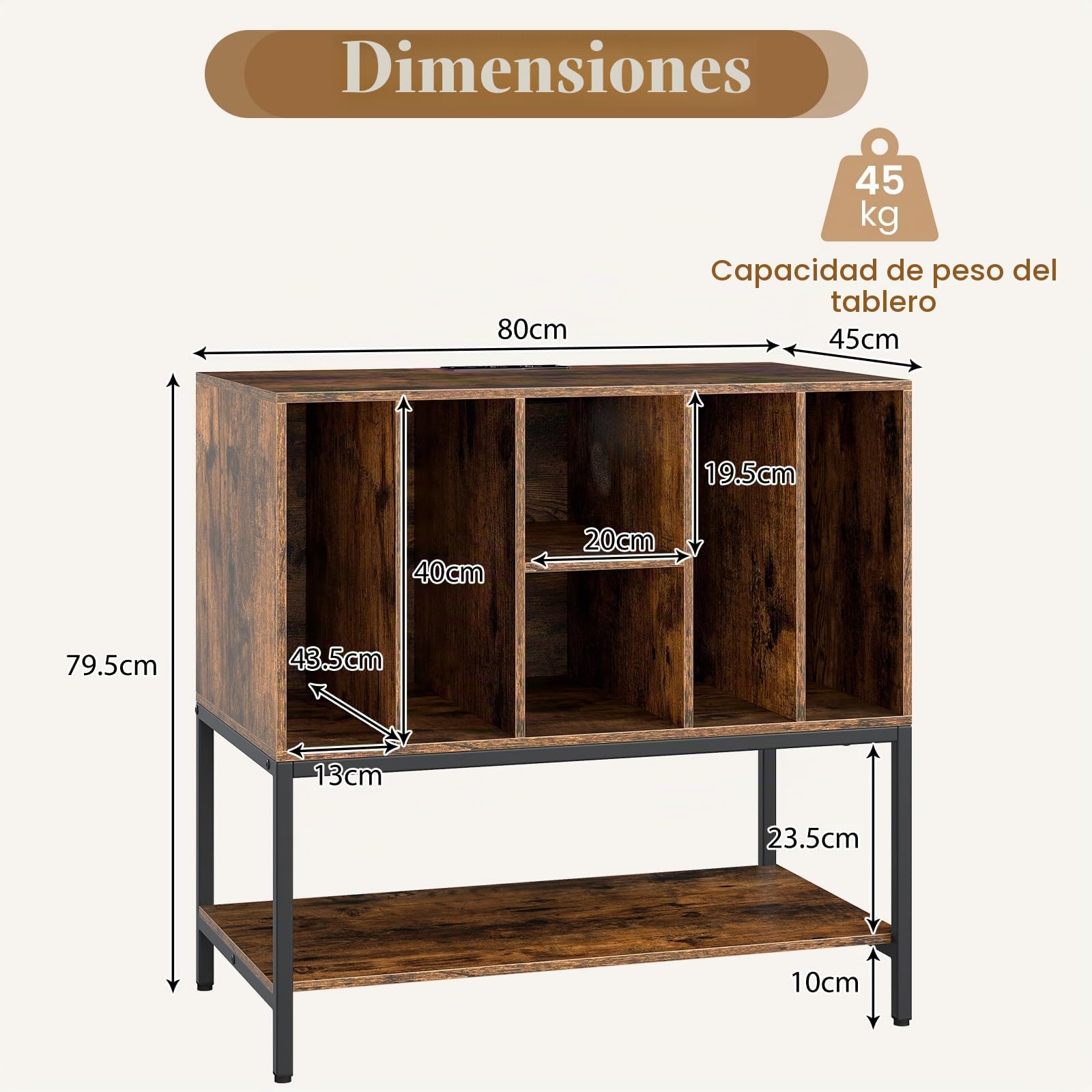 KOMFOTTEU Soporte para Tocadiscos con Estación de Carga, Mueble de Discos de Vinilo con 6 Compartimentos y Estante Abierto, Mesa de Exhibición con Orificio para Cables, 80 x 45 x 79,5 cm (Marrón)