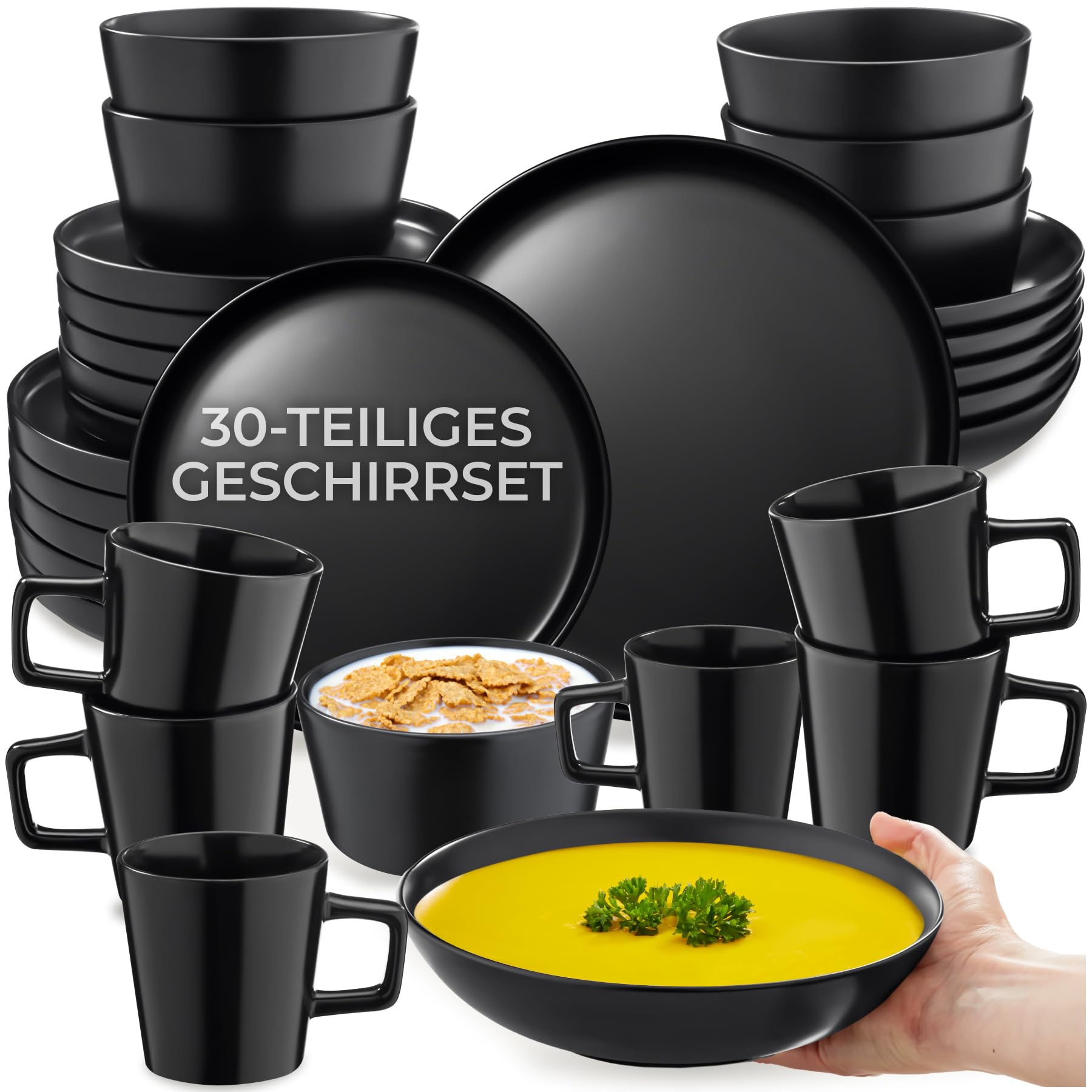 tectake® 30-tlg. Kombiservice, Geschirrset, Tafelservice 6 Personen, Steingut Geschirr Set schwarz, Teller Set mit Schalen, Kaffeetassen, Speiseteller, Frühstücksteller, tiefe Teller, Schüsseln