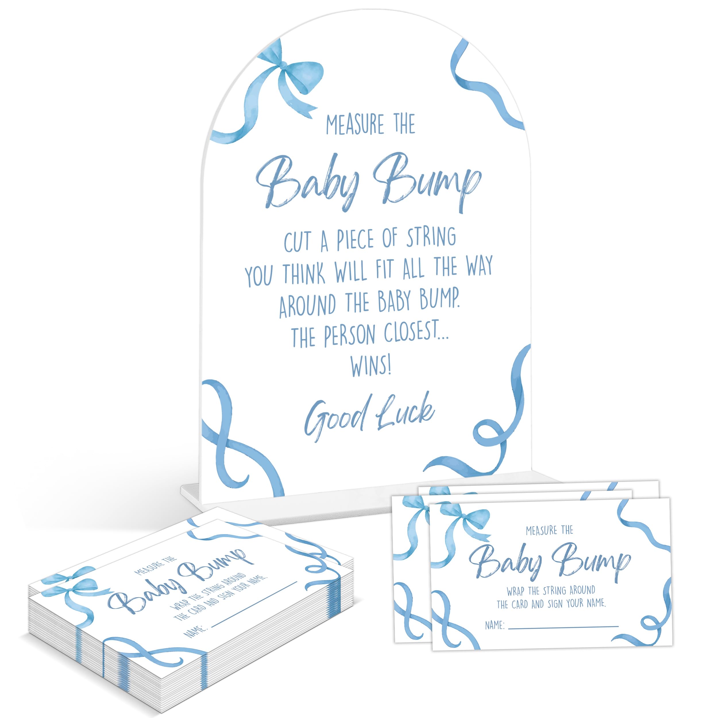 Photo 1 of Baby Shower Games - Blue Bow Measure The Baby Bump Game, 1 Arch Acrylic Sign and 50 Guessing Cards, Gender Reveal Game, Blue Baby Shower Decoration Supplies (DP02)