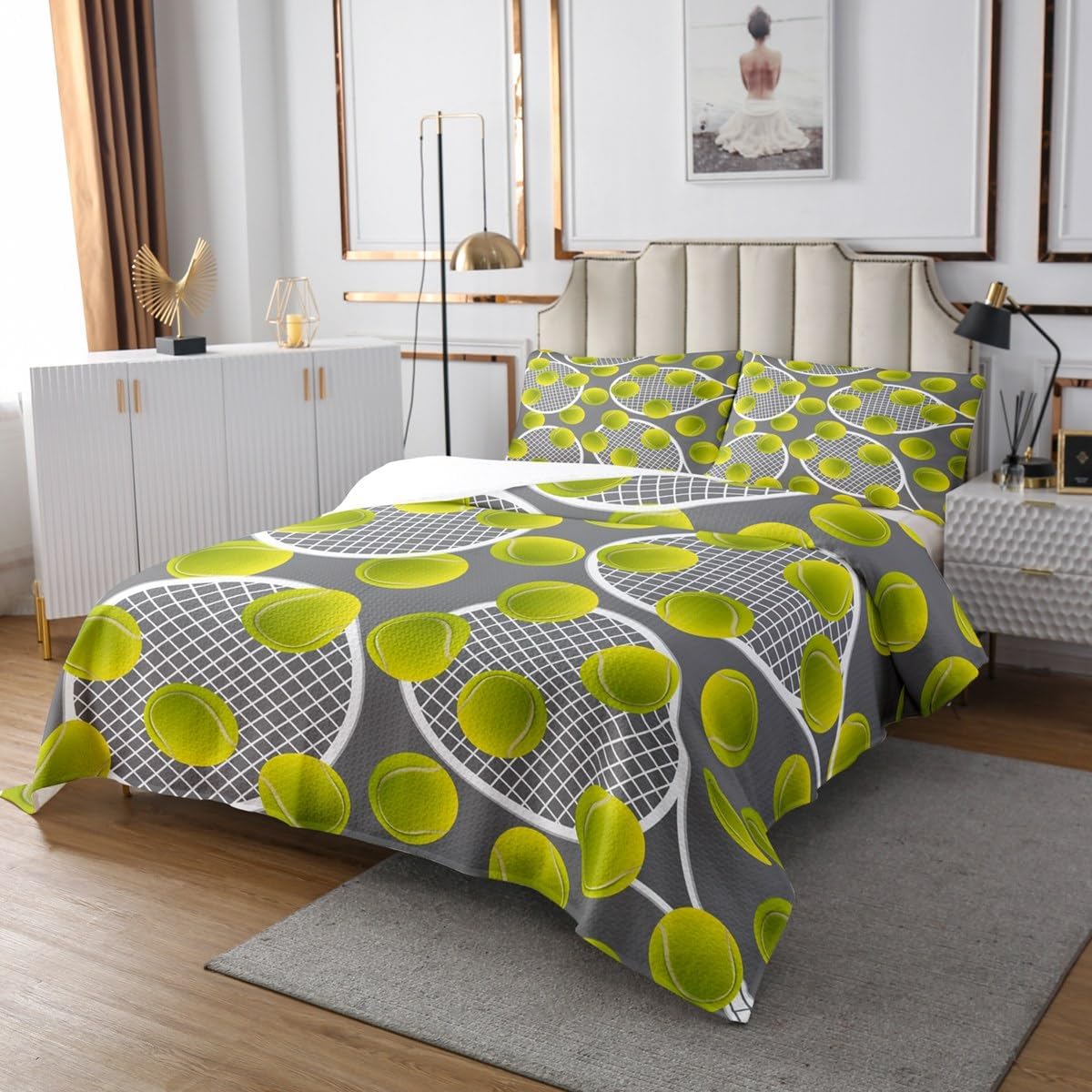 Erosebridal 3D Tennis King Bedspread Set, Kids Racket Ball Soft Coverlet Set & Bedspread for Boys Girls Tennis Lover, Grey Ball Games Sports Bedding Sets for Bed, Player Activity Quilt Bedding Sets