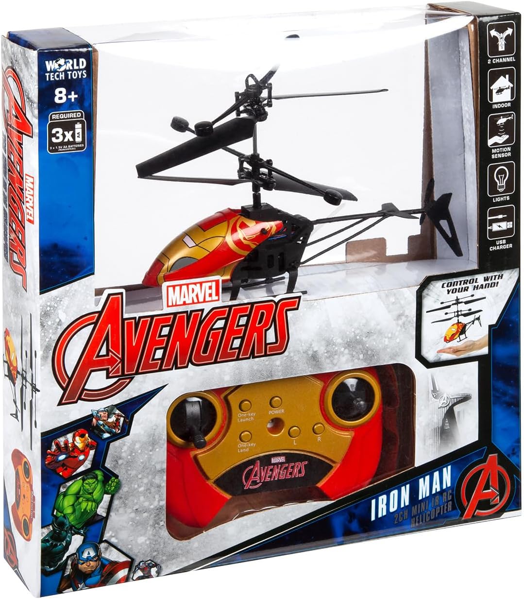 World Tech Toys Marvel Iron Man RC Helicopter – Easy‑Fly Remote Control Helicopter with LED Lights, Durable Body, Coaxial & Rear Rotors – Kids 8+