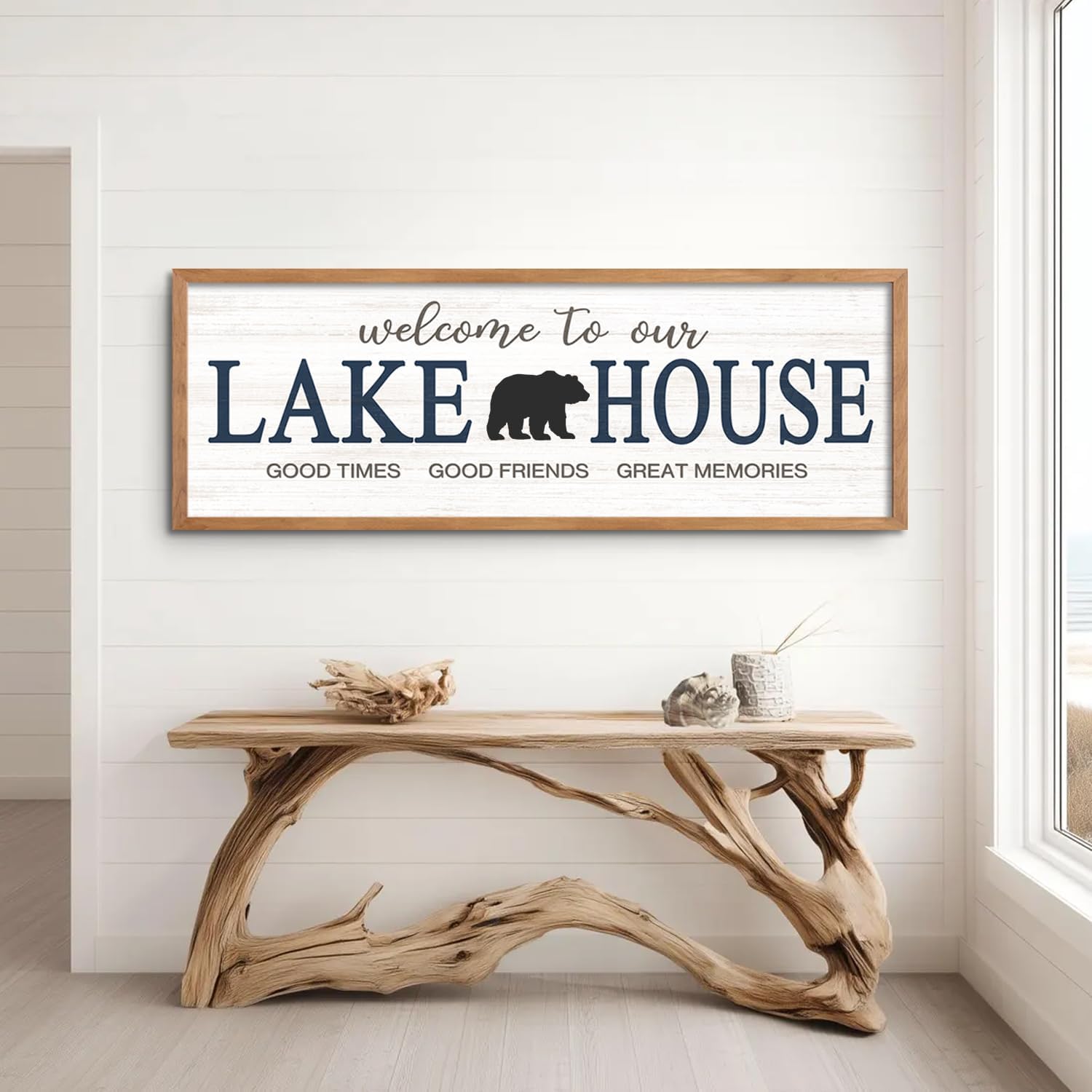 Welcome to Our Lake House Wall Decor, 40x15 Inch Framed Lakeside Quote Sign Lake Cabin Decor, Farmhouse Lake Life Sign Lakehouse Gift Ideas for Beach House Cottage Bedroom Home (Natural）