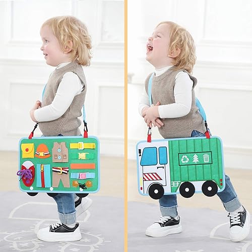 Miniatura 5 de Tablero de actividades 14 en 1 para niños pequeños (estilo de coche de basura), juguete sensorial Montessori para habilidades motoras finas, juguete