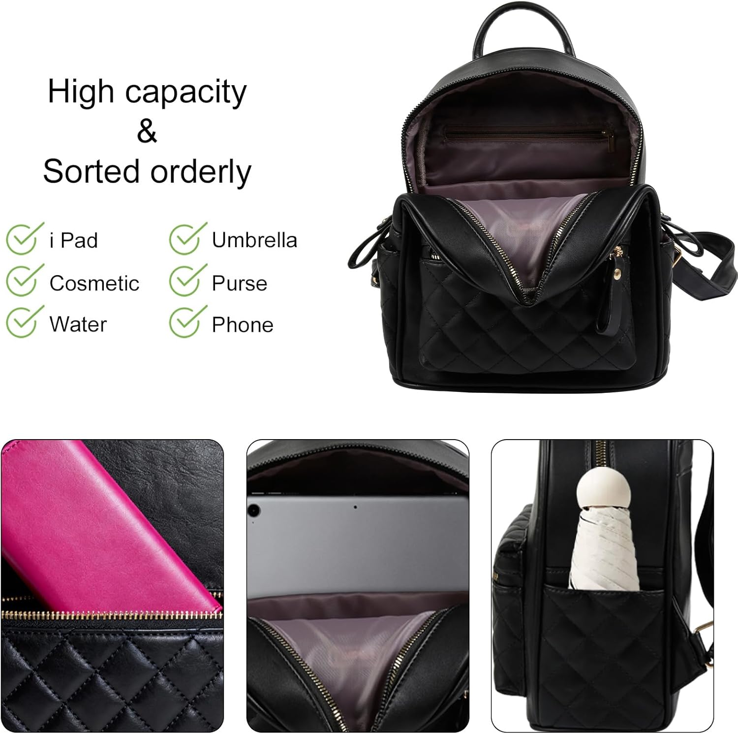Mini Backpack Purse for Teen Girls & Women, Small Plaid PU Leather Shoulder Bag with Transparent Makeup Bag Keychain – Cute Bookbag for School Travel or Holiday Gifts (Black) - Image 7