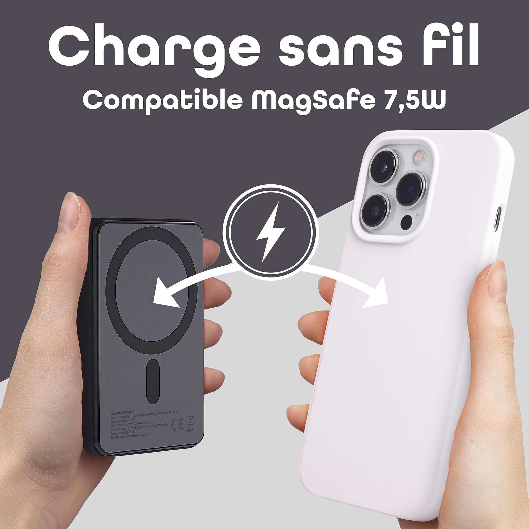 T'nb - Batterie de Secours MagSafe 10 000 mAh, Recharge sans Fil et USB-C 20W, Fonction Support Intégré, Indicateurs LED, Plastique Recyclé - Gris