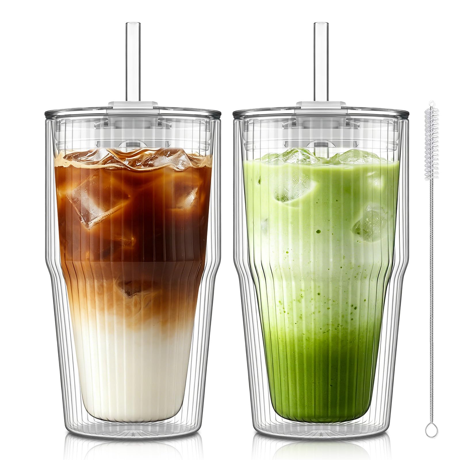 KEMORELA 2 Pack 480ml Double Walled Glass Cups with Lid & Straw, Insulated Glass Tumblers for Iced Coffee, Latte, Tea & Smoothies, Clear Drinking Glass Set with Straw Cleaner