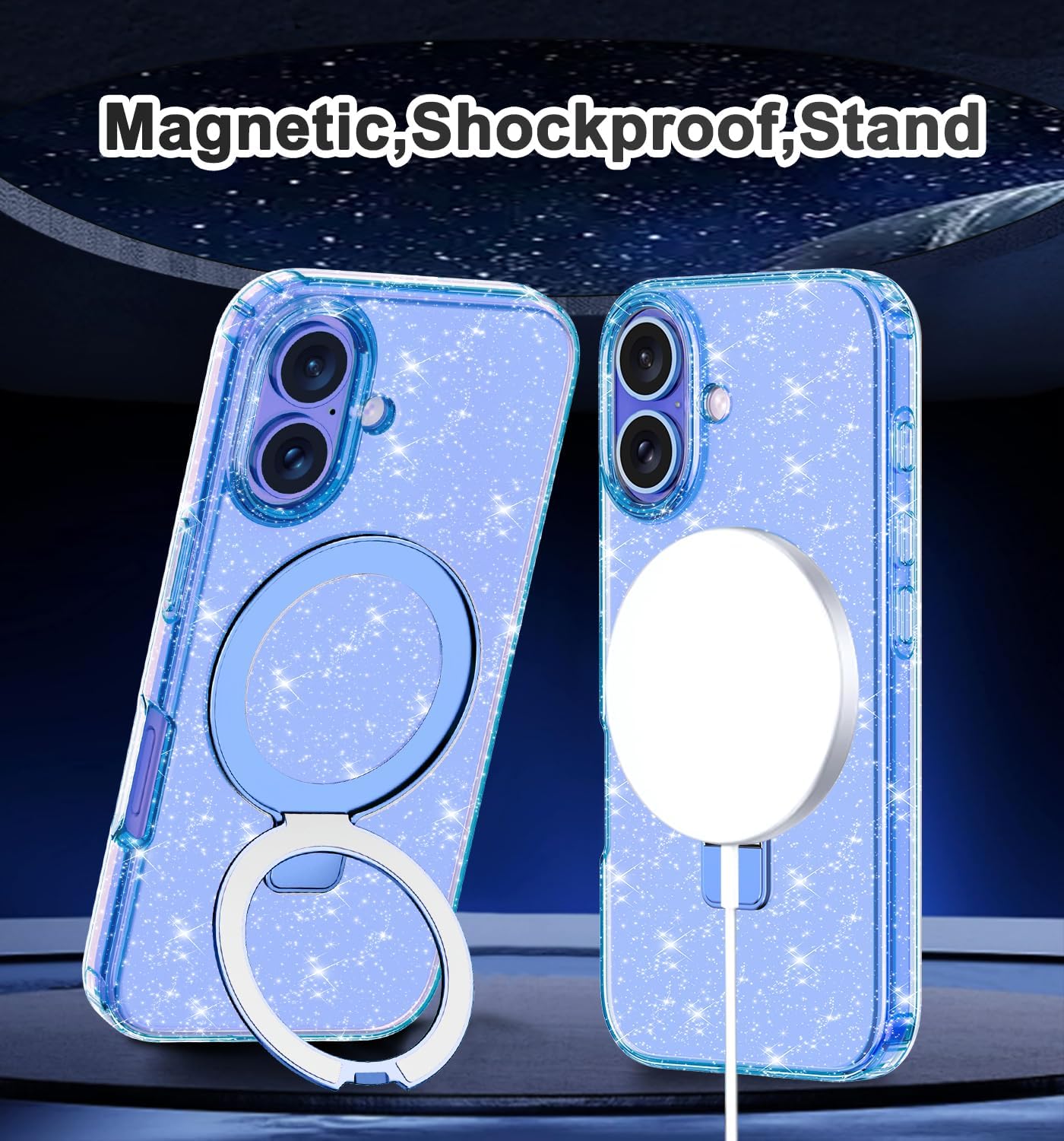Lamcase for iPhone 16 Plus Case with Magnetic Invisible Ring Stand [Compatible with MagSafe], Full Body Rugged Slim Women Men Girl Shockproof Marble Pattern Design Case, Blue Clear/Glitter - Image 7