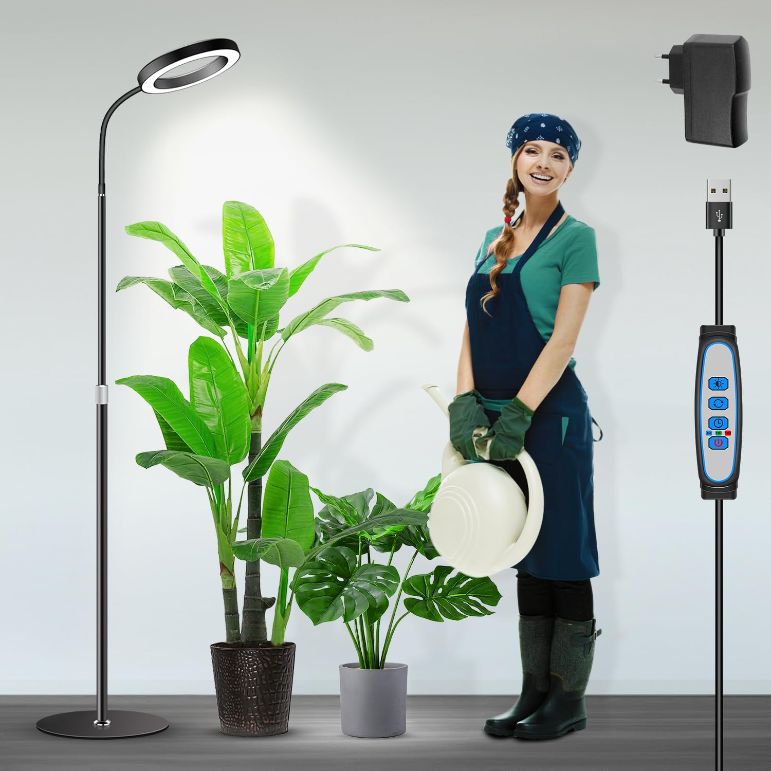 Garpsen Lampada per piante, Lampada LED per piante a spettro completo con supporto, 3 colori Grow Light con Timer 6/12/16H, 5 livelli di intensità regolabili, 58cm~170cm Altezza regolabile per piante