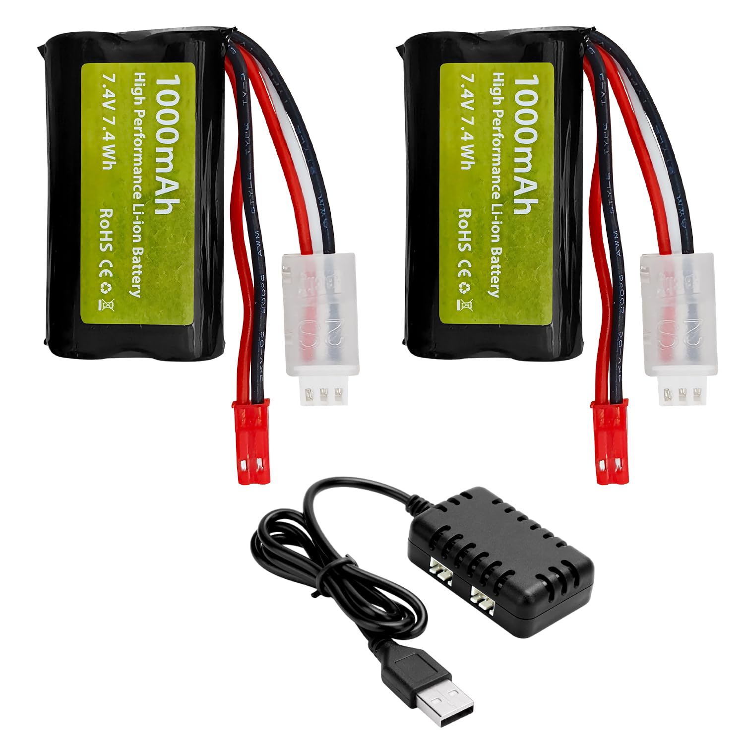 ZYGY 2PCS 7.4V 1000mah 2S Li-ion Battery with JST Plug with 2-in-1 Charger Suitable for RC cars, stunt flippers, trucks, engineering vehicles, RC boats, excavators, toy car models off-road vehicles