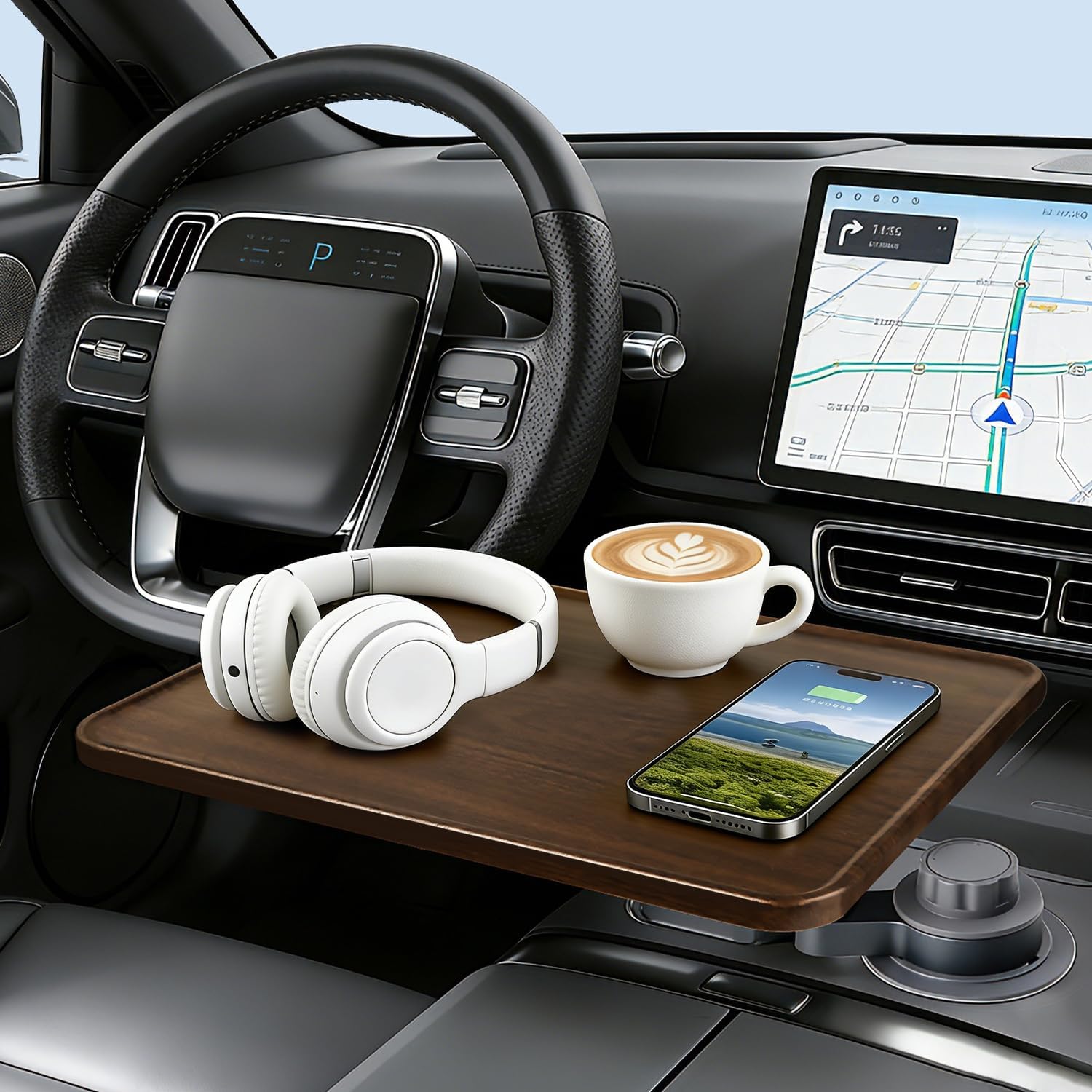 Car Desk for Laptop, 360° Rotation Cup Holder Table, Car Table & Car Food Tray for Tesla Model Y/3, F-150/Ram 1500/GMC Sierra 1500 & Most Vehicles, Car Accessories for Women & Men(Long Pole)