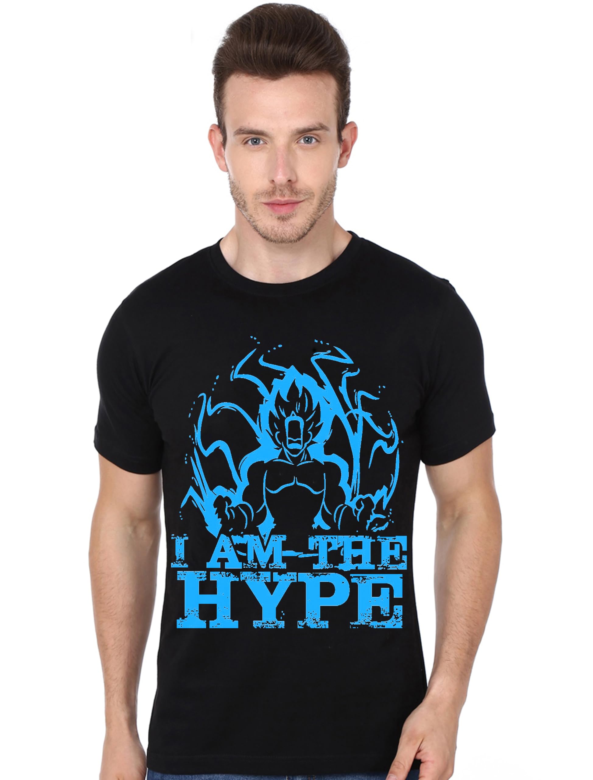 COOQUEAnime Goku Vegeta Hype Plain Cotton Blend Graphic Tees with Printed Half Sleeve Round Neck Black Stylish Fashion T-Shirt for Unisex (Pack of 1)