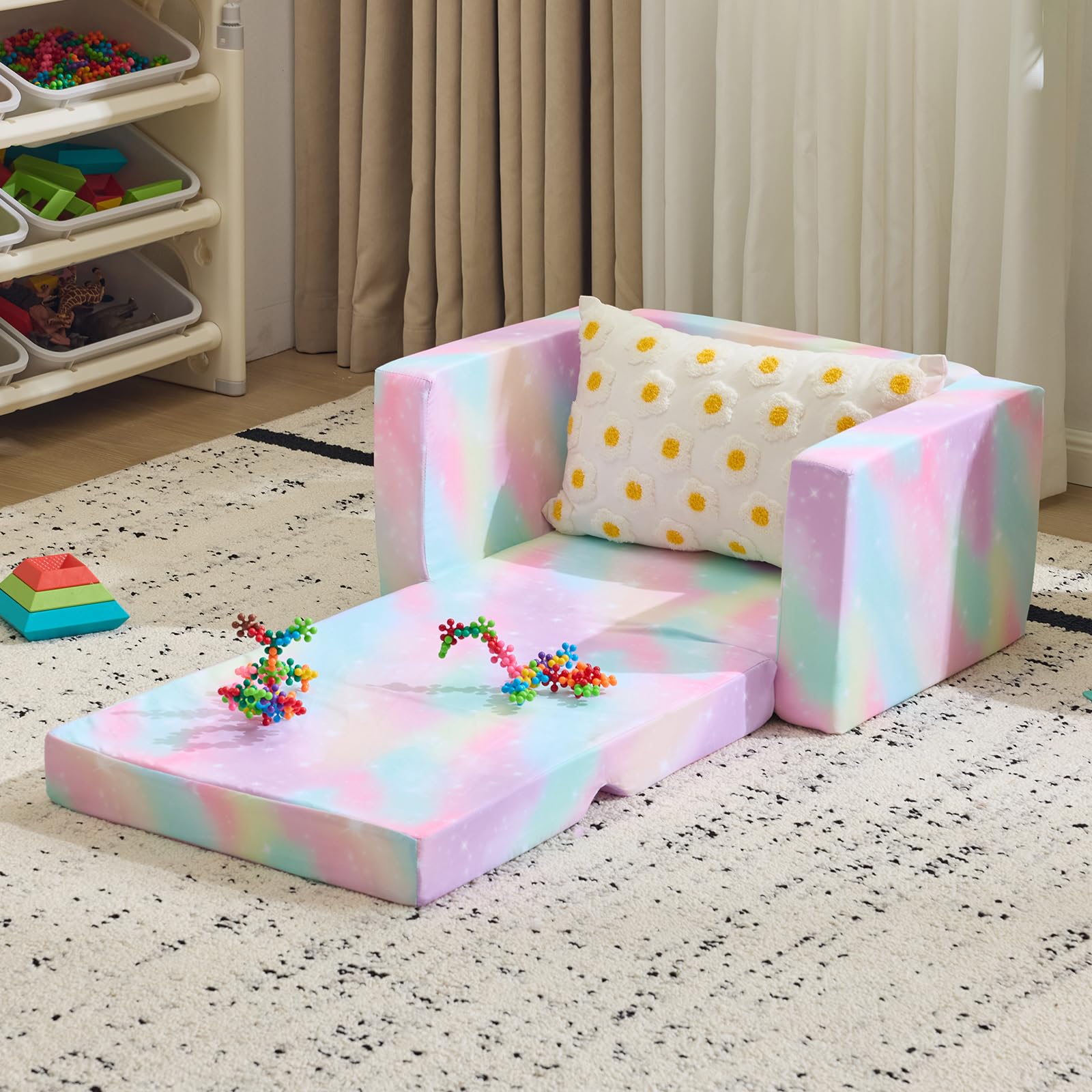 2-in-1 Convertible Futon Sofa Lounger Rainbow Star Pattern Multi-Functional Seating with Removable Cover Side Pocket