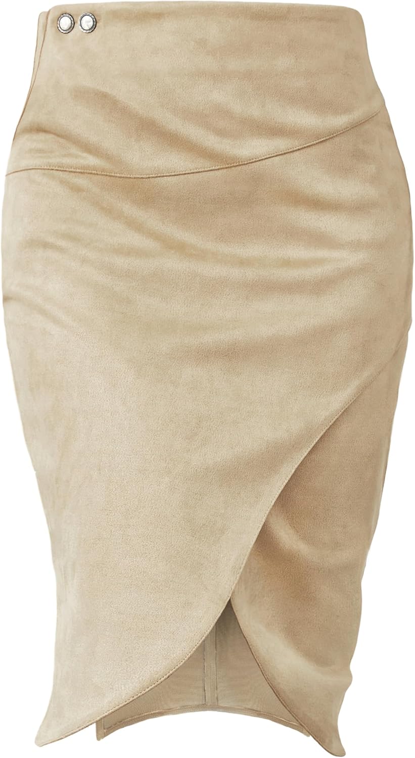 FLUFFY SENSE. Pencil Skirt for Women with Slit Tummy Control High Waist Wrap Suede Skirt Office Work Skirt with Pocket