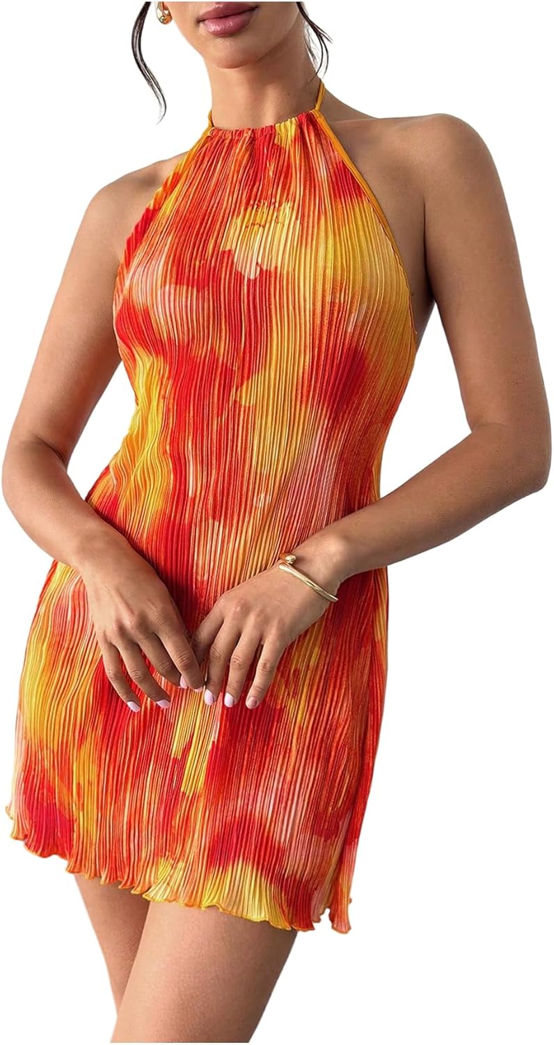 SHENHE Women's Summer Halter Sunset Dress Loose Pleated Backless Beach Short Sundress