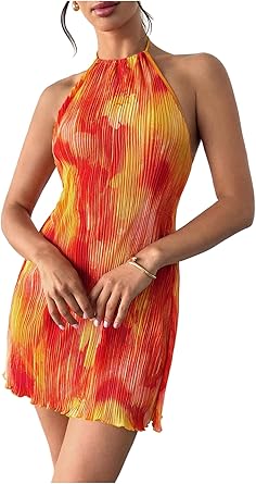 SHENHE Womens Summer Halter Sunset Dress Loose Pleated Backless Beach Short Sundress