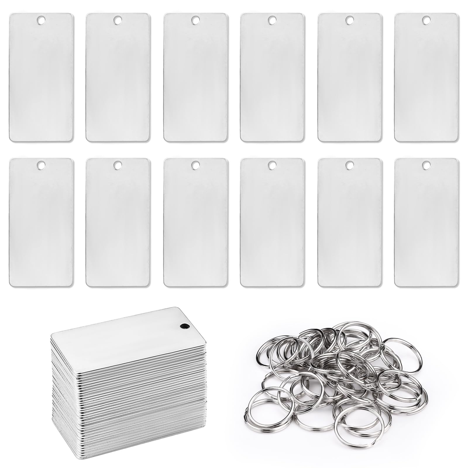 Modixun 35 Pack Stainless Steel Blanks for Stamping & Engraving, Metal DIY Keychain Blanks with Key Ring, Rectangle Laser Engravable Polished Blank Dog Tags, 5 x 2.5cm