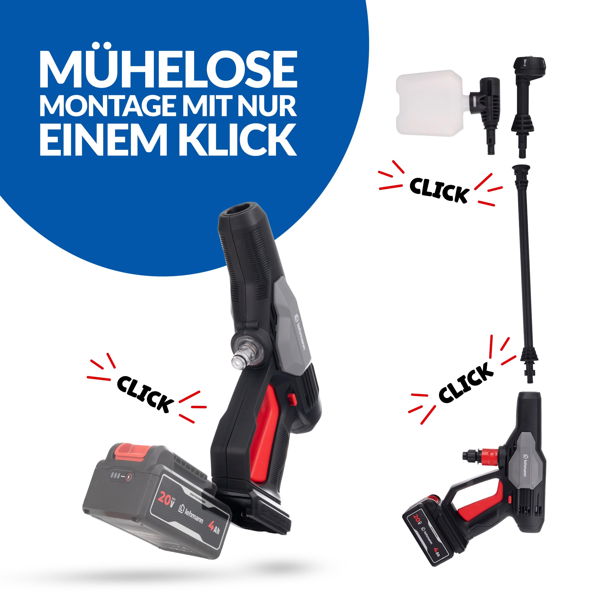 LEHMANN Stream Akku Hochdruckreiniger 20V Max mit 4Ah Akku – Kabelloser Druckreiniger mit 5-in-1 Düse, 6m Schlauch & Schaumsprüher für Auto, Fahrrad & Terrasse