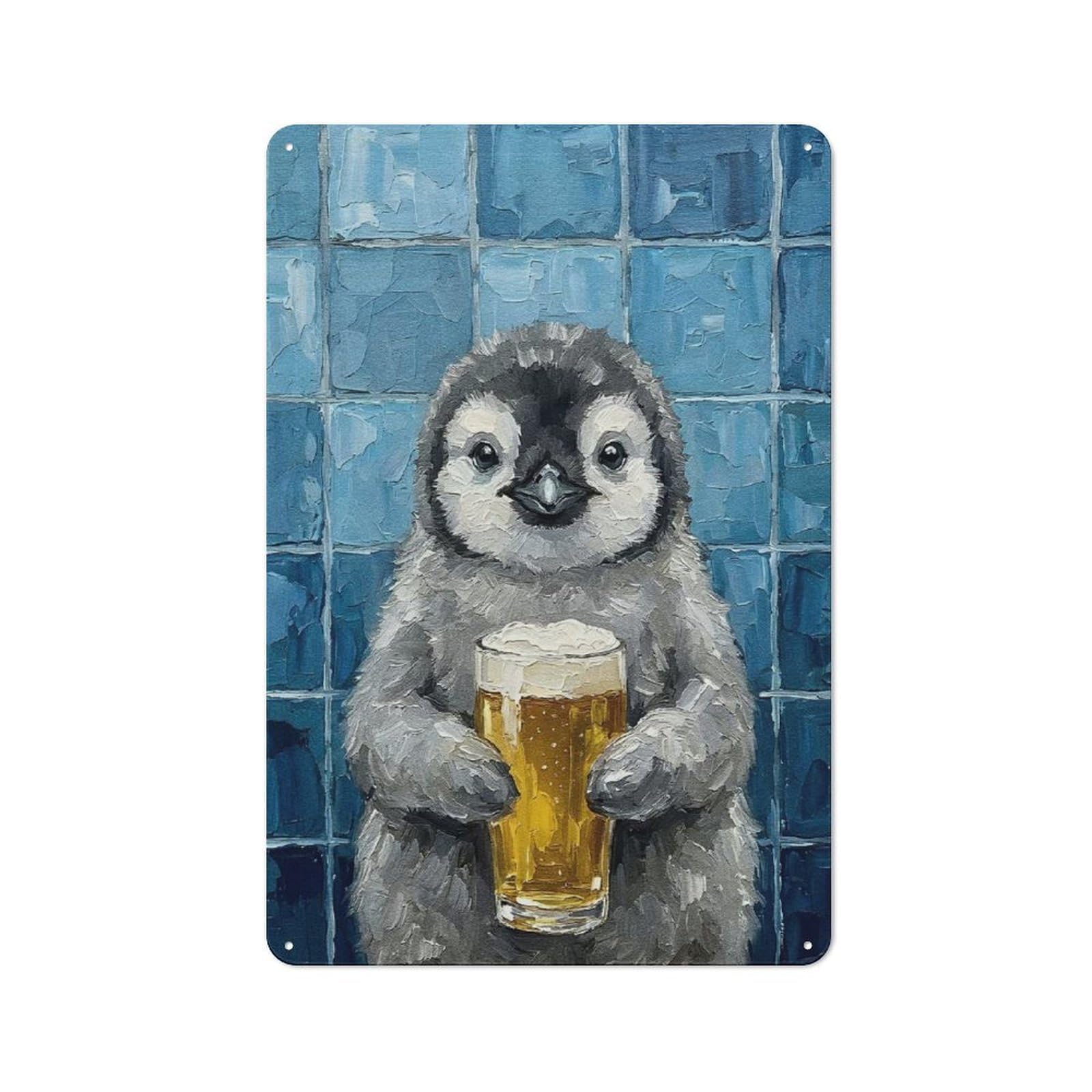 Junmoney Style-24 Rustic Decorative Metal Sign 30X20cm Featuring Penguin With Beer Painting, Kitchen Wall Decor For Kitchen, Cafe, Pantry Or Dining Room
