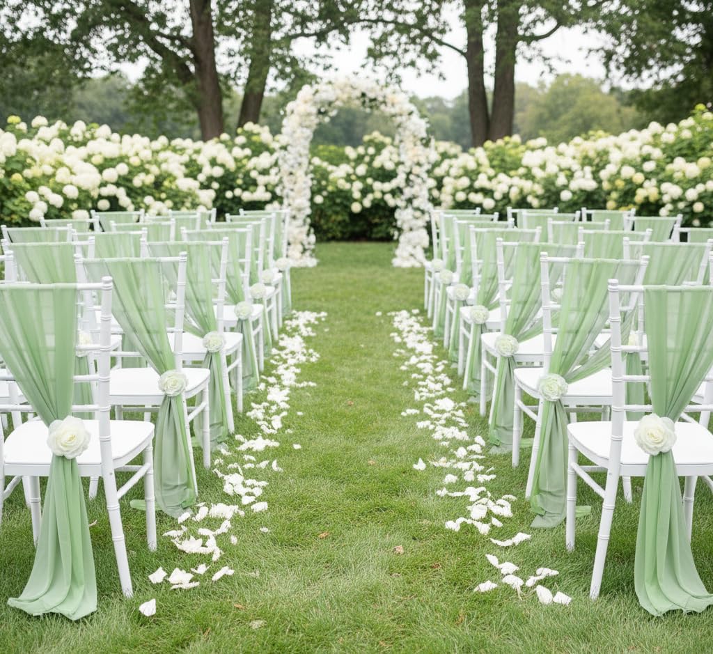 16-Pack Chair Sashes for Wedding Aisle Decorations - Sage Green & Milky Green Wrinkle-Free with Romantic Draping, Heat Resistant Fabric for Ceremony Reception Banquet Party Outdoor Decor