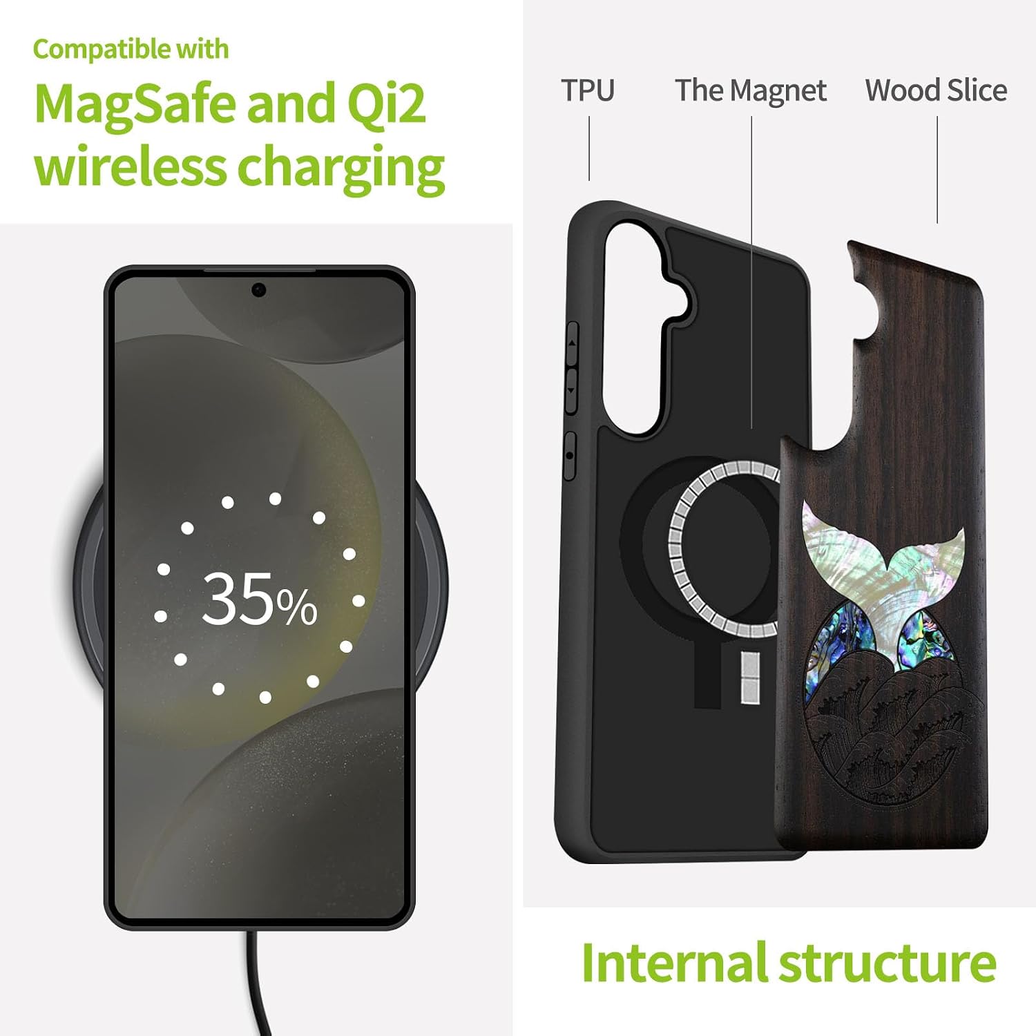 Carveit Magnetic Wooden Case for Galaxy S25+ / S25 Plus Case, Wood Artisan Engraved & Handmade Shell Inlaid, Compatible with MagSafe Wireless Chargers (Whale Tail) Blackwood