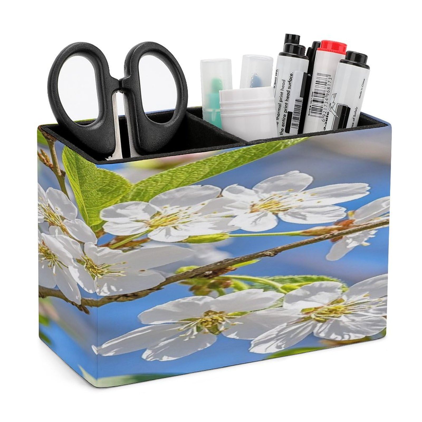 LZQPOEAS Beautiful Spring Cherry Blossoms Leather Pen Holder with 2 Compartments Luxury Pencil Holder Minimalist Pencil Cup Brush Scissor Holders Elegant Pen Cup for Office Home Desk Accessories