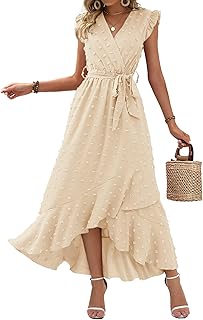 Women V Neck Summer Dress 2025 Cap Sleeve Swiss Dot Boho Flowy Ruffle Slit Beach Party Long Maxi Cocktail Dresses
