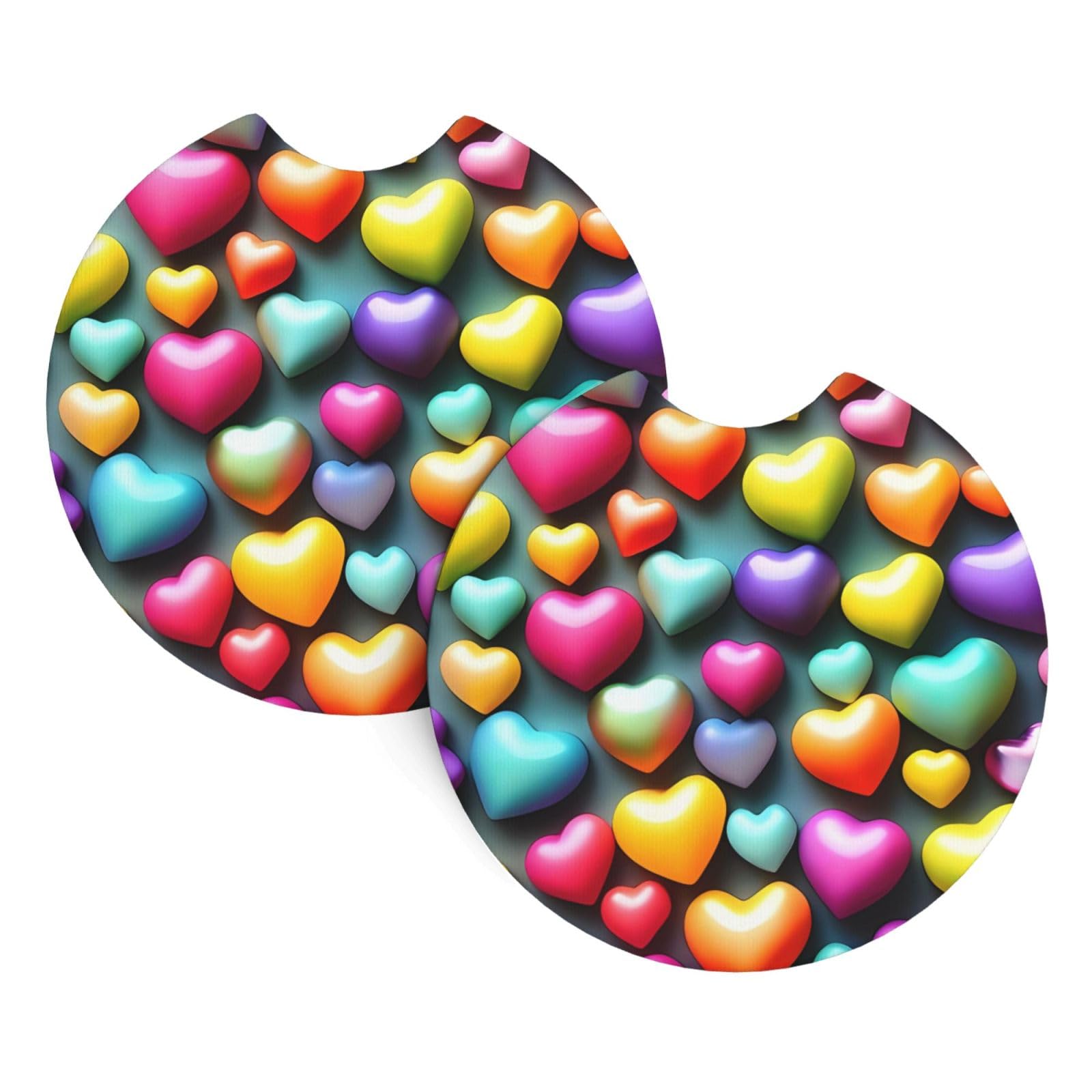 2 Pack Car Coaster for Cup Holders Colorful Rainbow Hearts Car Cup Coaster 2.7" Neoprene Non-Slip Automotive Cup Mat Universal Auto Car Interior Accessories for Women Men Cup Pad