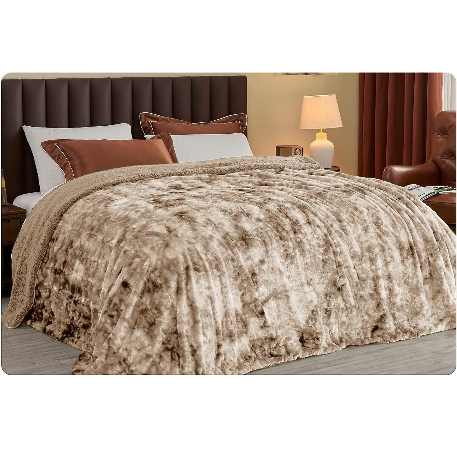 PHP Large Fleece Throw Blanket Warm & Cosy Super Thick Blanket 550 Gsm Tie Dye Throws for Sofas Extra Soft Fluffy Blankets for Beds (130 cm x 150 cm, Beige)
