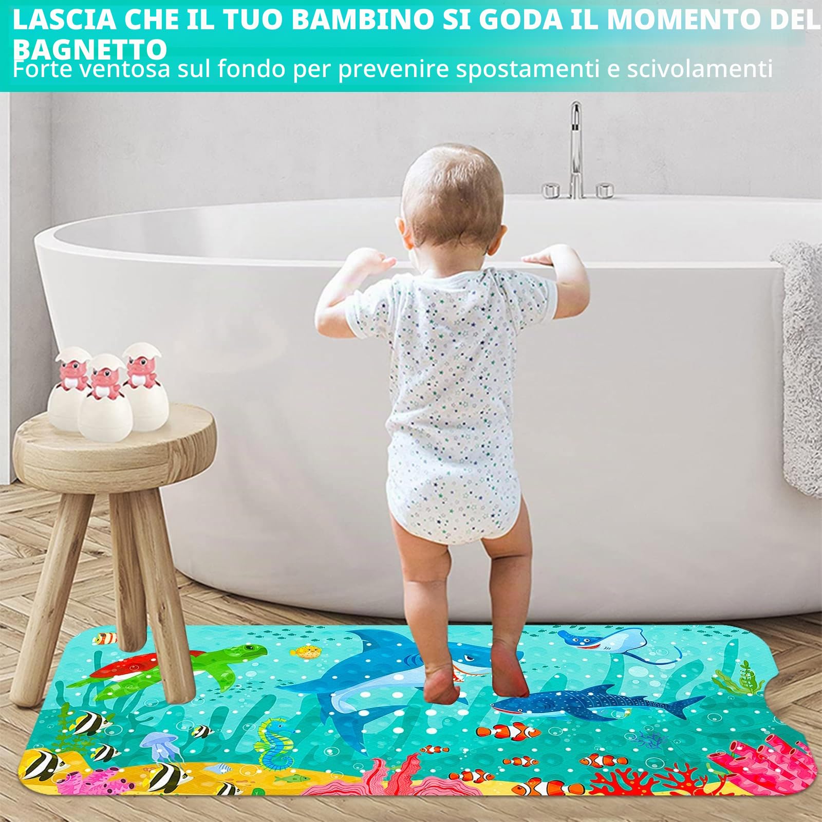 ZLPBAO Tappeto Antiscivolo Doccia, Tappeto per Doccia Bambini con 203 Ventose 100x40cm Tappeto Vasca Antiscivolo da Bagno e Doccia, Modello Animale Marino, Senza BPA