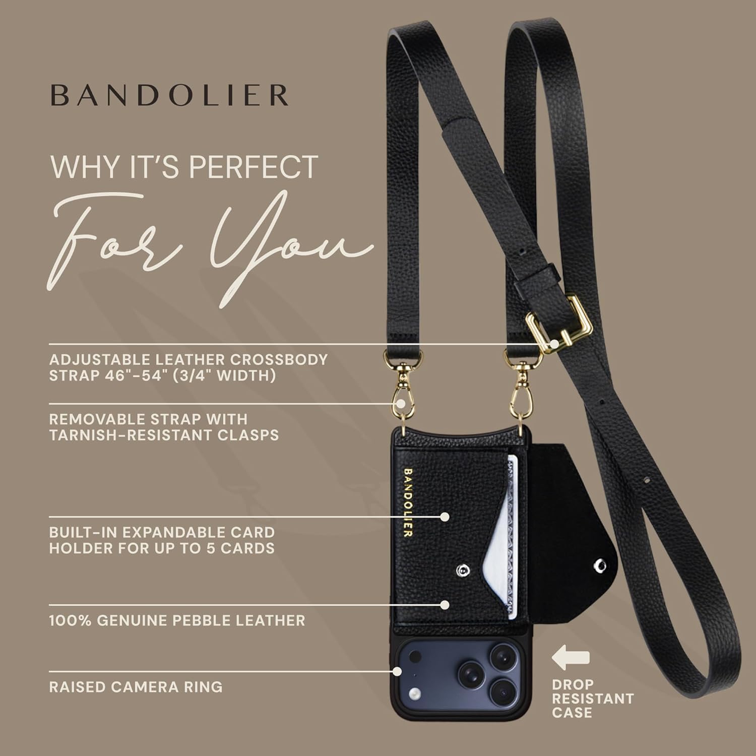 Bandolier Hailey Crossbody Wallet Phone Case for iPhone 17 Pro. 100% Genuine Pebble Leather with Gold Hardware. Adjustable & Removable Strap. Expandable Flip Card Holder. Black with Gold Hardware - Image 4