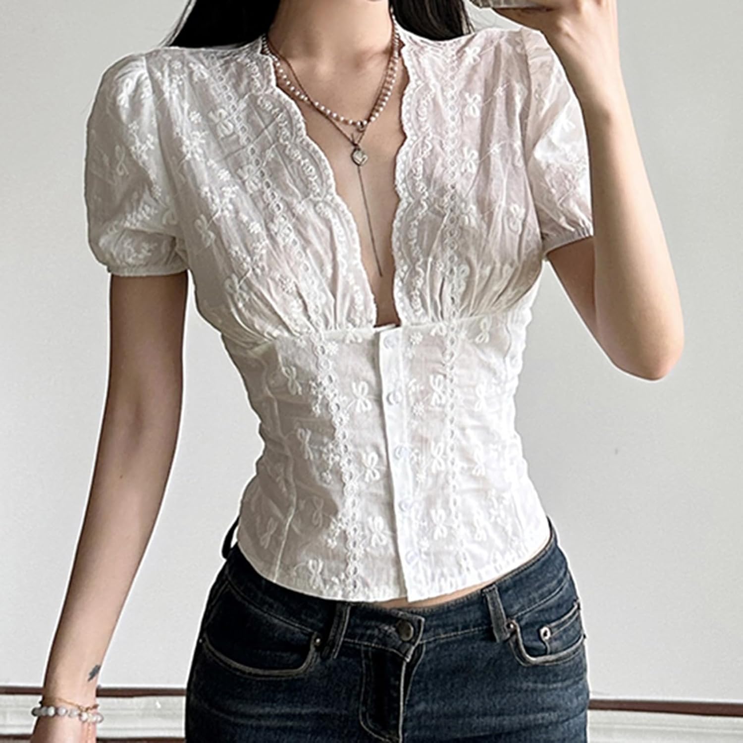 Women Y2K Short Sleeve Button Down Shirt Coquette Vintage Lapel Crop Top Preppy Slim Going Out Blouse Streetwear - Image 2