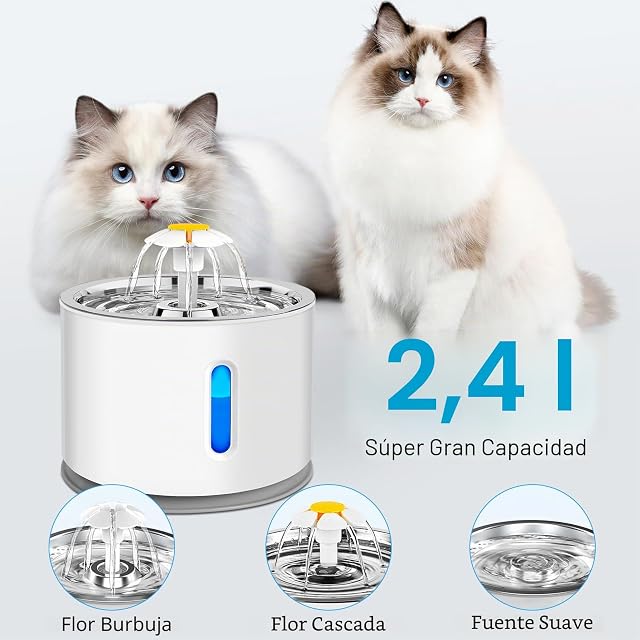 Foto 2 de 8 de AQXONG Bebedero para Gatos 2.4L, Fuente de Agua para Mascotas Ultra Silenciosa con luz LED
