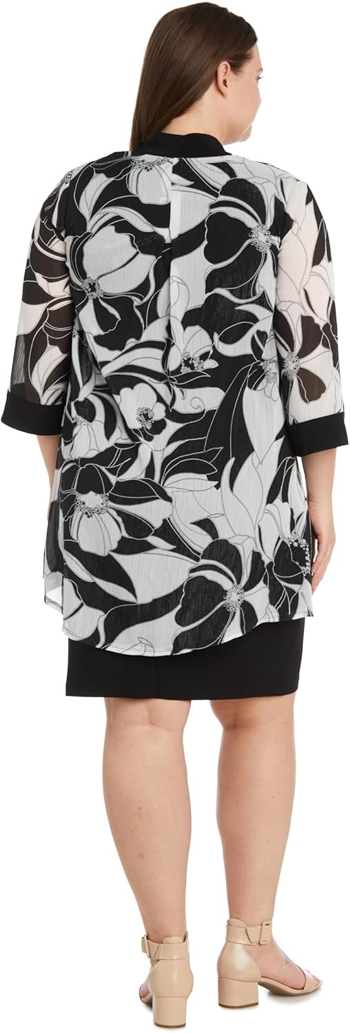 Womens 2-Piece Black & White Jacket Dress Set W/Necklace - Knee-Length Sheath & 3/4 Sleeve Chiffon Jacket - Image 7