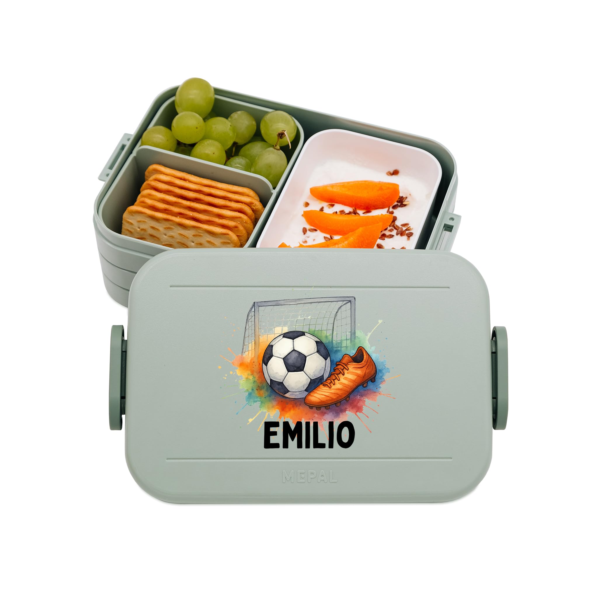 Bärenfreunde MEPAL Brotdose Spülmaschinenfest Kinder, Lunchbox mit Einsatz für perfekte Ordnung, Spülmaschine, Mikrowellengeeignet, personalisiert mit niedlichem Motiv (Fußball, grün)
