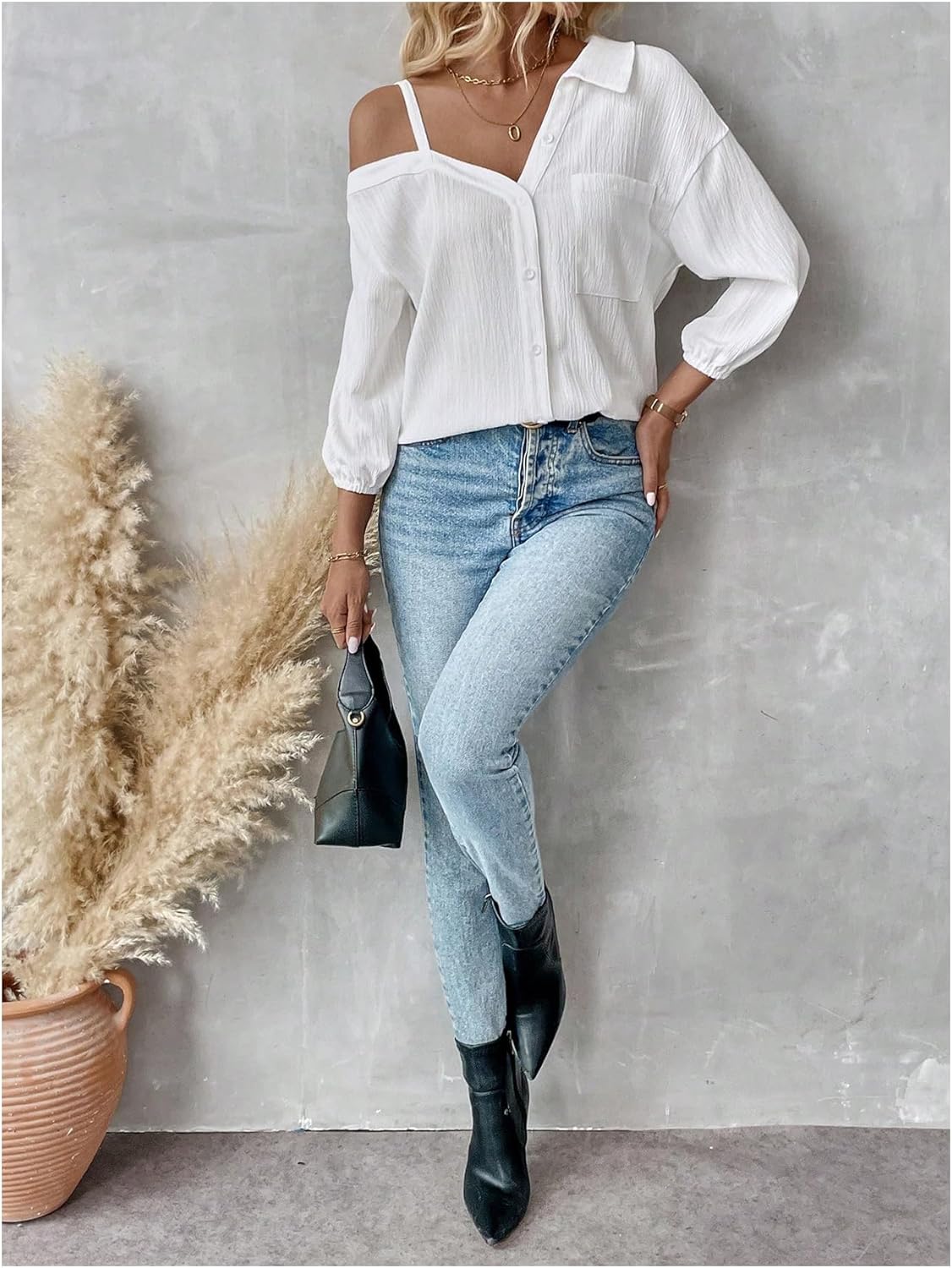 MakeMeChic Women's Fall Asymmetrical Tops Button Down Shirt Long Sleeve Oversized Office Blouse - Image 6