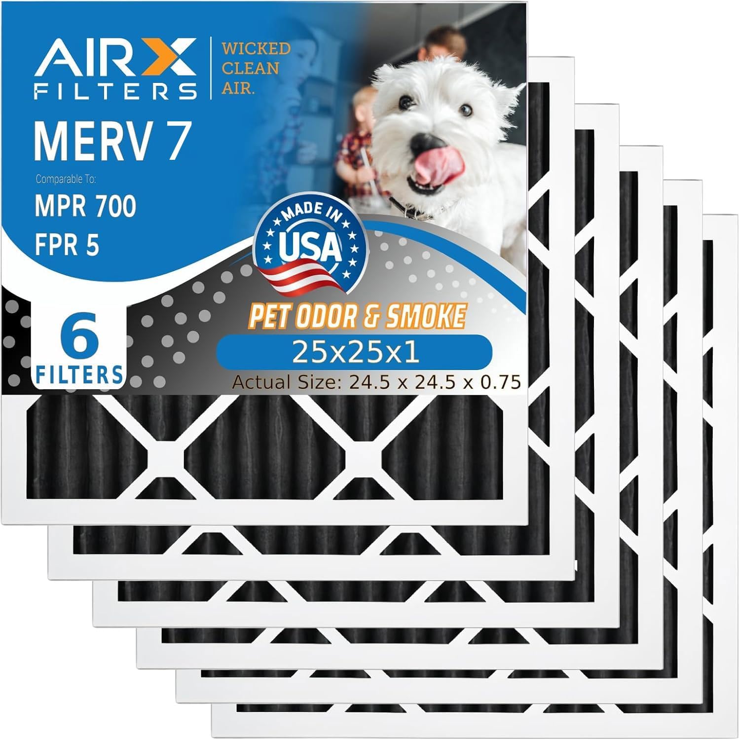 AIRx Filters WICKED CLEAN AIR 25x25x1 Carbon Air Filter Odor Eliminator MERV 7 AC HVAC Furnace Filters 6 Pack