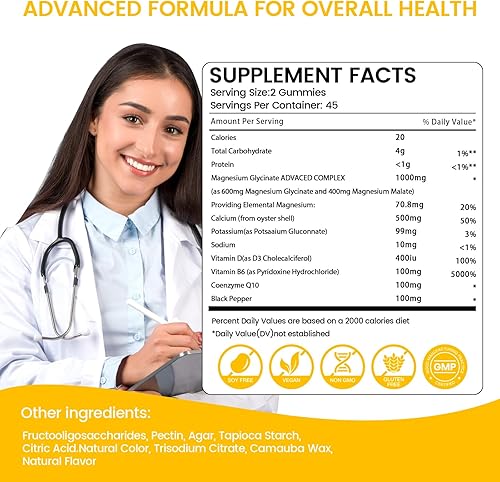 Miniatura 41 de Gomitas de glicinato de magnesio de 1000 mg, suplementos de magnesio y potasio masticables para adultos con L-treonato para dormir, apoyo corporal