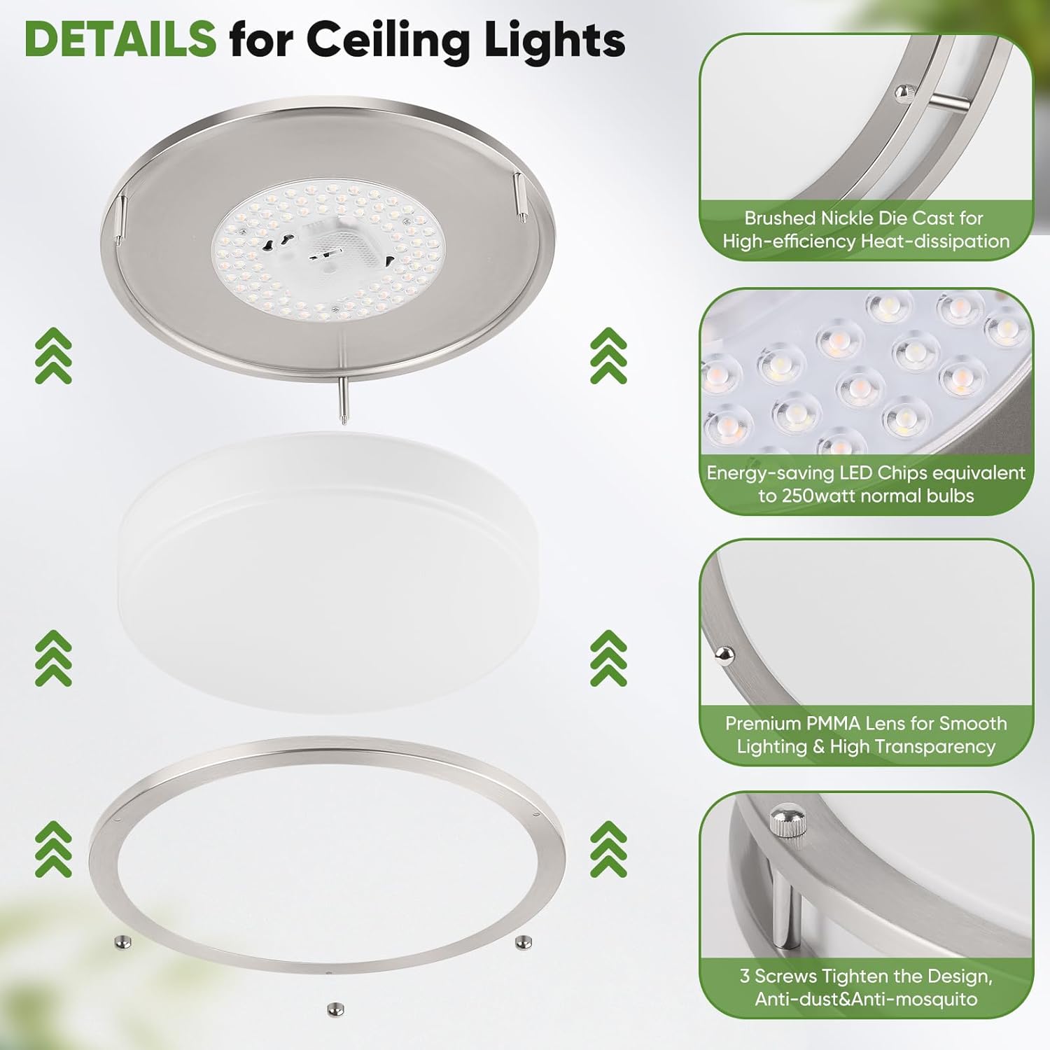 TOBUSA 2-Pack 12 Inch Flush Mount LED Ceiling Lights, 36W 3600lm Super Bright Kitchen Light Fixtures, 5CCT Adjustable LED Lights for Bedroom Bathroom Closet, Modern Ceiling Lamps, Brushed Nickle