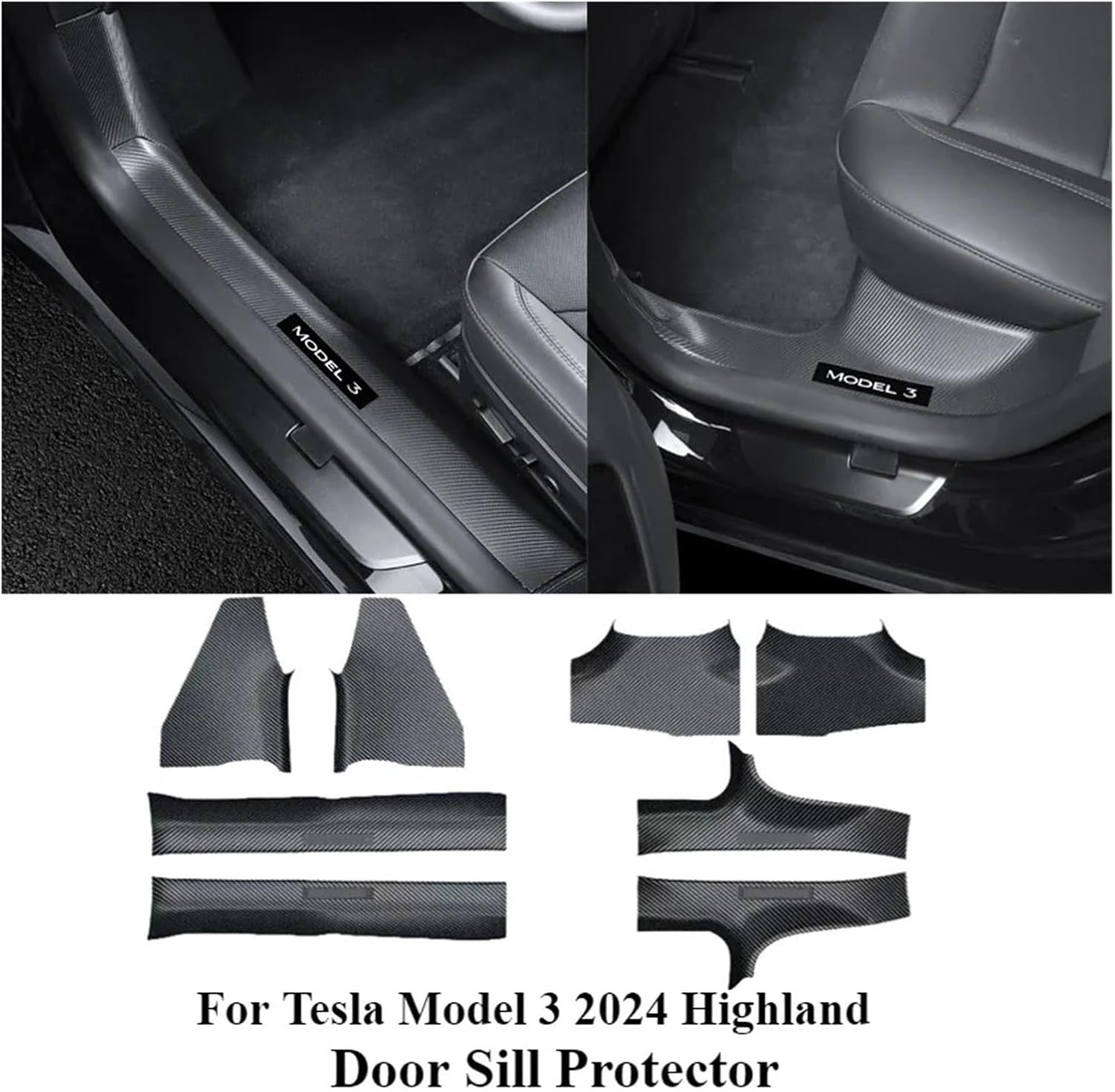 Carbon Fiber Car Interior Trim Kit 4/8PCS Carbon Fiber Pattern ABS Door Sill Protector - Front & Rear Door Entry Guard Decoration Compatible for Tesla Model 3 Highland 2024 - Anti - Scuff(8PCS