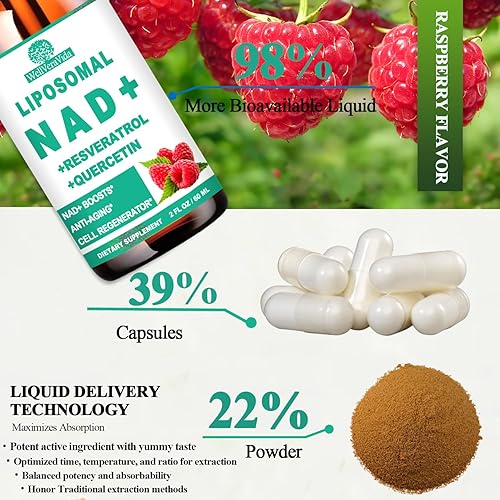 Miniatura 6 de Paquete de 2 suplementos NAD para mujeres y hombres, liposomal NAD nicotinamida ribósido resveratrol 900 mg, TMG, quercetina, vitamina B3,