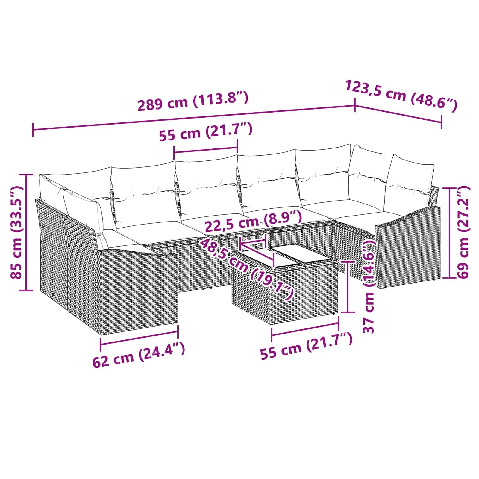 Set di 8 divani da giardino in polyrattan, colore nero e turchese | Il tavolo regolabile in altezza trasforma l'area lounge in tavolo da pranzo su balcone e terrazza, con spazio di