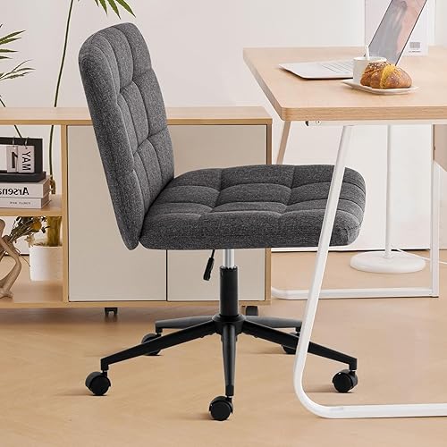 Miniatura 9 de Furniliving Silla de escritorio de oficina sin brazos, silla giratoria acolchada de tela de lino, silla de oficina ajustable en casa con ruedas de