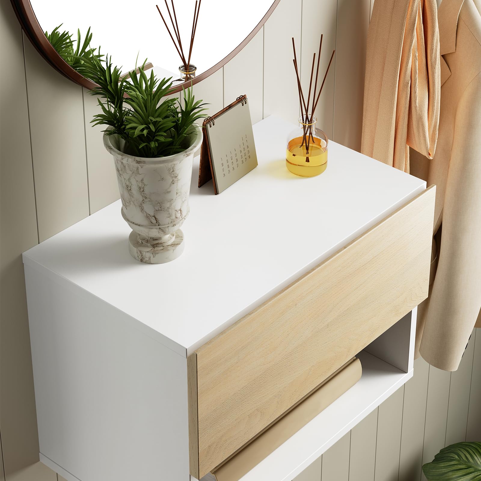 HOOBRO Mesita de Noche Flotante con Tira LED RGB, Mesa Auxiliar de Pared con 1 Cajón y 1 Compartimento, Mesa de Sofá, para Dormitorio, Sala de Estar, Blanco y Natural EWN202DBZ01